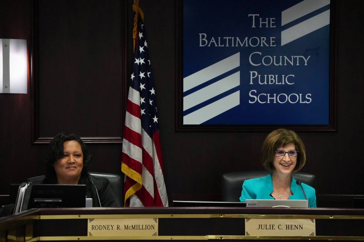 Jane Lichter, right, was elected chair of the Baltimore County Public School Board, and Robin Harvey, left, was elected vice chair at the school board’s meeting on Tuesday, December 6, 2022. They took their seats though the name tags hadn't been changed yet.