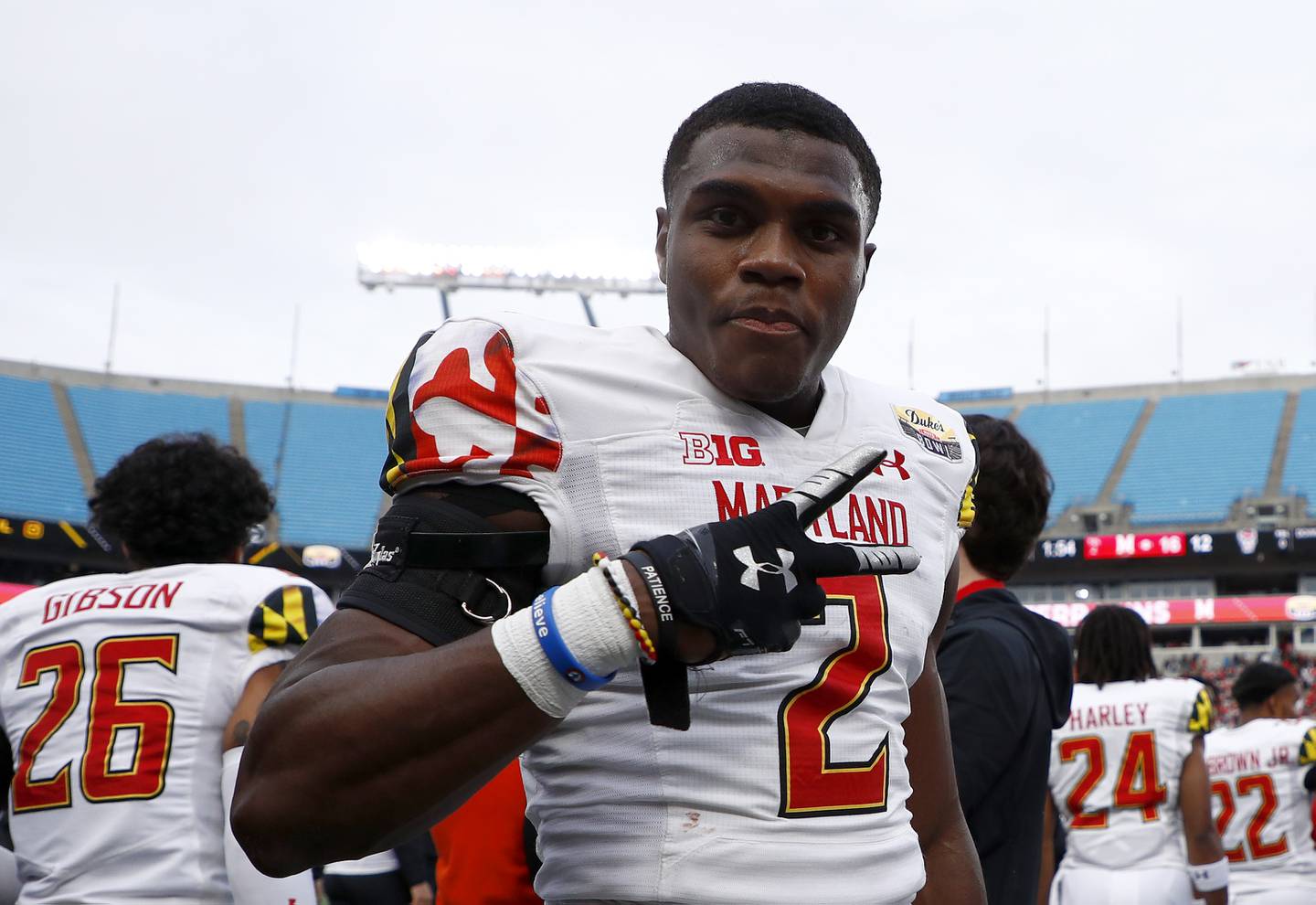 CHARLOTTE, NORTH CAROLINA - DECEMBER 30: Jakorian Bennett #2 of the Maryland Terrapins reacts after intercepting a pass during the final seconds of the fourth quarter of the Duke's Mayo Bowl against the North Carolina State Wolfpack at Bank of America Stadium on December 30, 2022 in Charlotte, North Carolina.