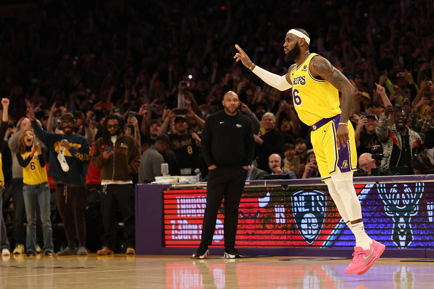 LeBron James #6 of the Los Angeles Lakers reacts after scoring to pass Kareem Abdul-Jabbar to become the NBA’s all-time leading scorer, surpassing Abdul-Jabbar's career total of 38,387 points against the Oklahoma City Thunder at Crypto.com Arena on Feb. 7, 2023 in Los Angeles, California.