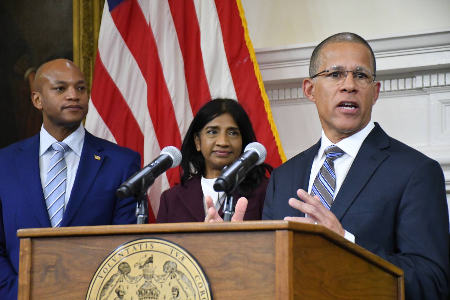 Maryland Attorney General Anthony Brown talks about violent crime during a press conference at the State House in Annapolis on Thursday, Jan. 19, 2023.
