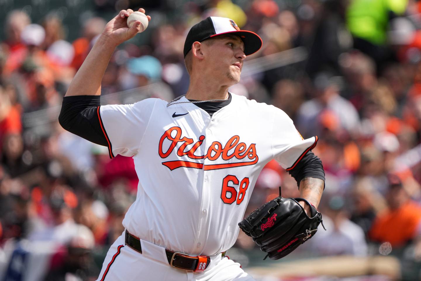 Baltimore Orioles starting pitcher Tyler Wells (68) delivers a pitch in a game against the Los Angeles Angels at Camden Yards on March 31, 2024. The Orioles lost to the Angels, 4-1, on Sunday afternoon.