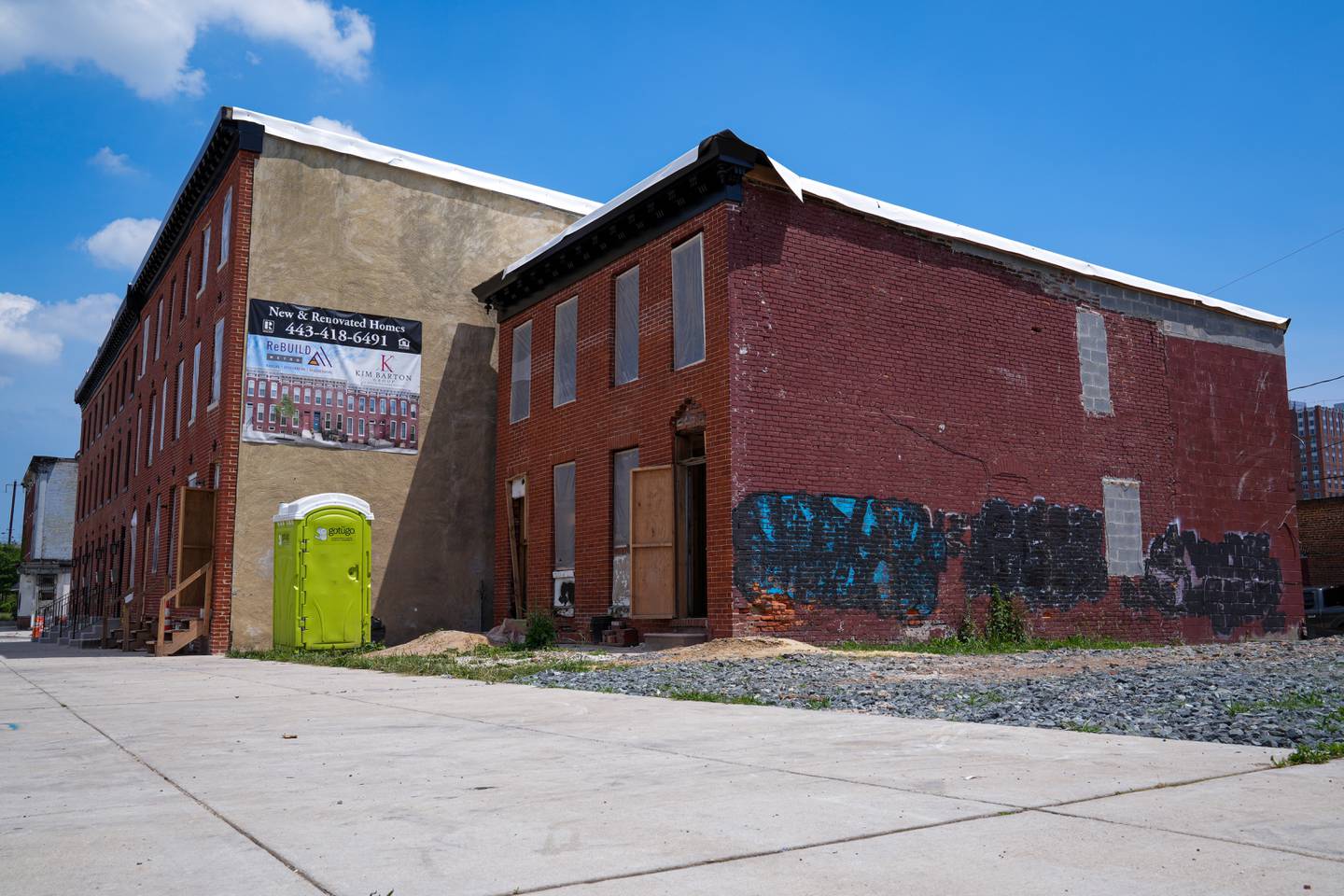 6/8/22—A row of vacant homes on the 1700 block of E. Biddle street are being renovated by Rebuild Metro.