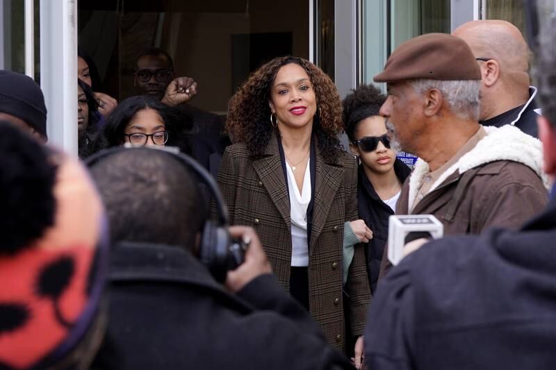 Former Baltimore State’s Attorney Marilyn Mosby, center, is set to be sentenced May 23 in U.S. District Court in Greenbelt on two counts of perjury and one count of making a false statement on a loan application.