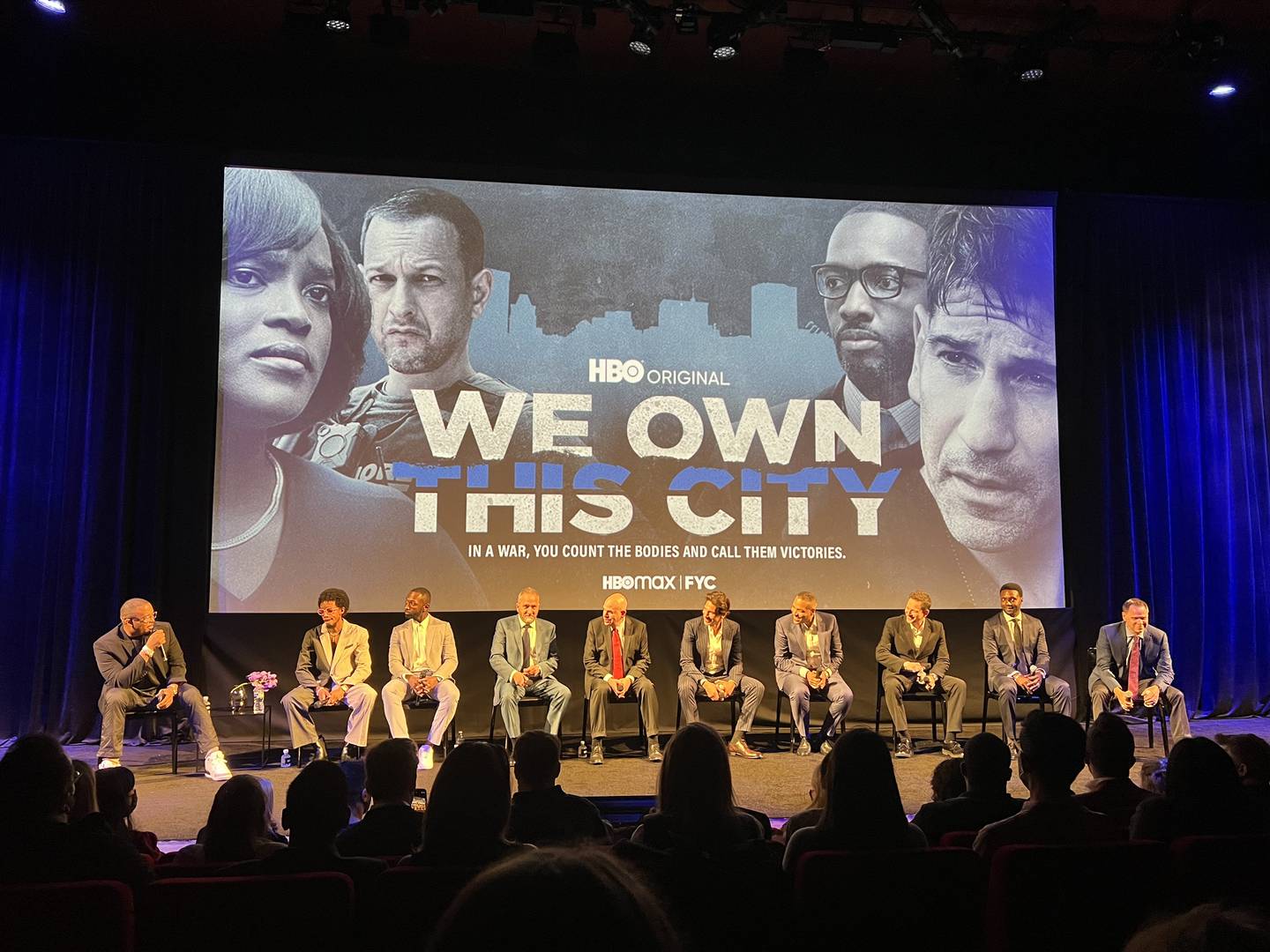 A panel discussion with the cast, producers and director at the New York City premiere of "We Own This City," led by writer D Watkins, left.