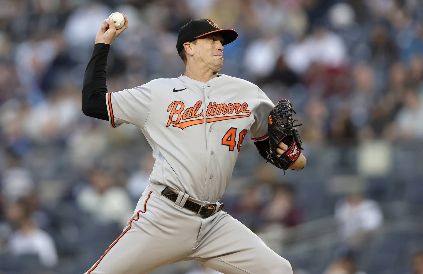 Kyle Gibson #48 of the Baltimore Orioles delivers a pitch during the first inning against the New York Yankees at Yankee Stadium on May 25, 2023 in Bronx, New York.