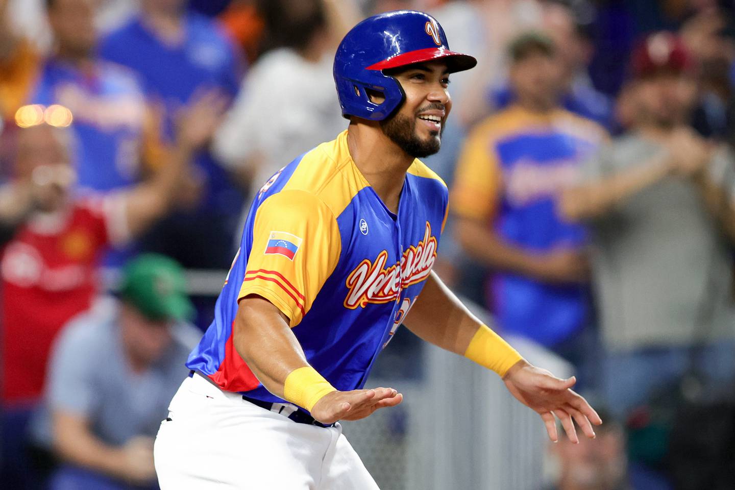 MIAMI, FLORIDA - MARCH 14: Anthony Santander #25 of Team Venezuela celebrates after scoring a run against Team Nicaragua during the fourth inning in a World Baseball Classic Pool D game at loanDepot park on March 14, 2023 in Miami, Florida.
