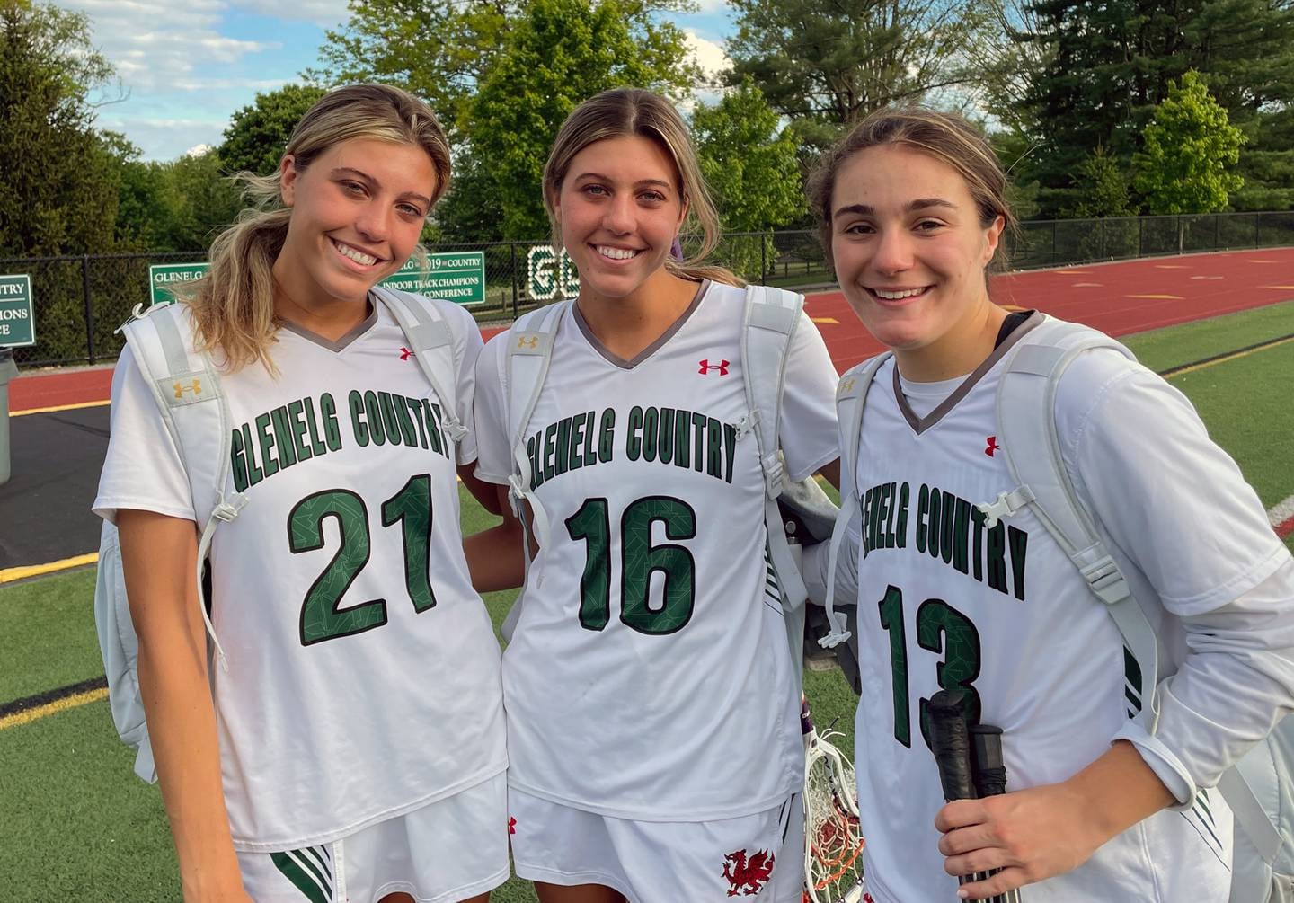 Twins Regan Bryne (21) and Blair Byrne (16) combined for the game-winning goal as No. 4 Glenelg Country School slipped past No. 5 Archbishop Spalding, 7-6, in overtime in the IAAM A Conference quarterfinals Friday afternoon. Goalie Natalie Eastwood (13) had 14 saves. The Dragons advance to meet No. 1 McDonogh in the semifinals Tuesday.