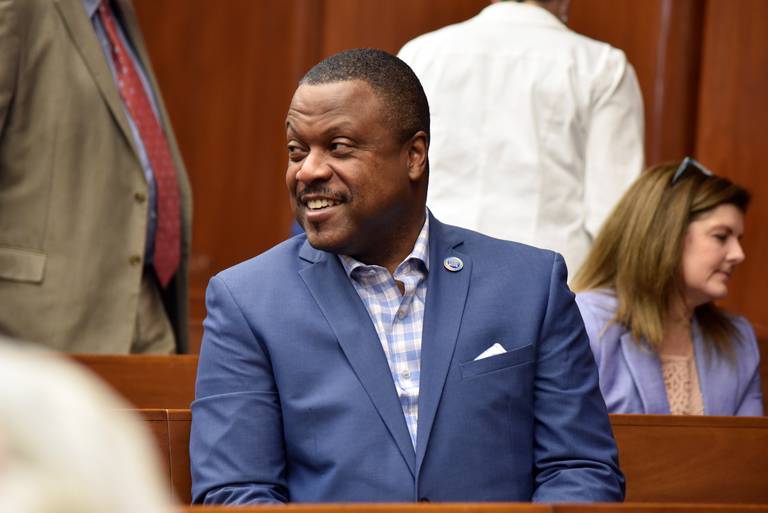 Baltimore County Public Schools Superintendent Darryl Williams sits inside the Baltimore County Council chambers in April 2022.