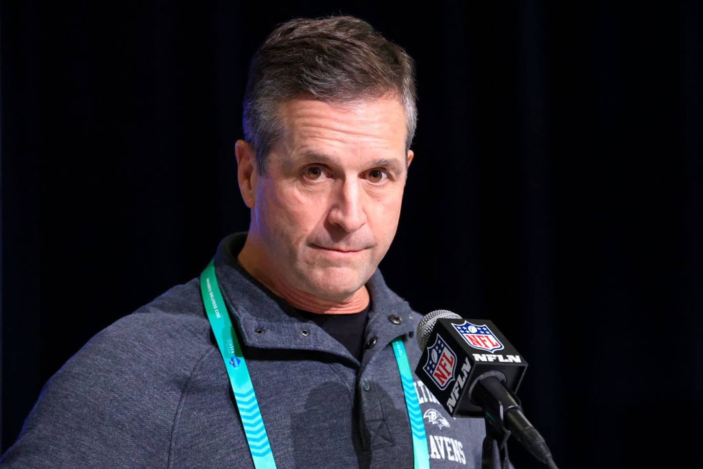INDIANAPOLIS, INDIANA - MARCH 01: Head coach John Harbaugh of the Baltimore Ravens speaks to the media during the NFL Combine at Lucas Oil Stadium on March 01, 2023 in Indianapolis, Indiana