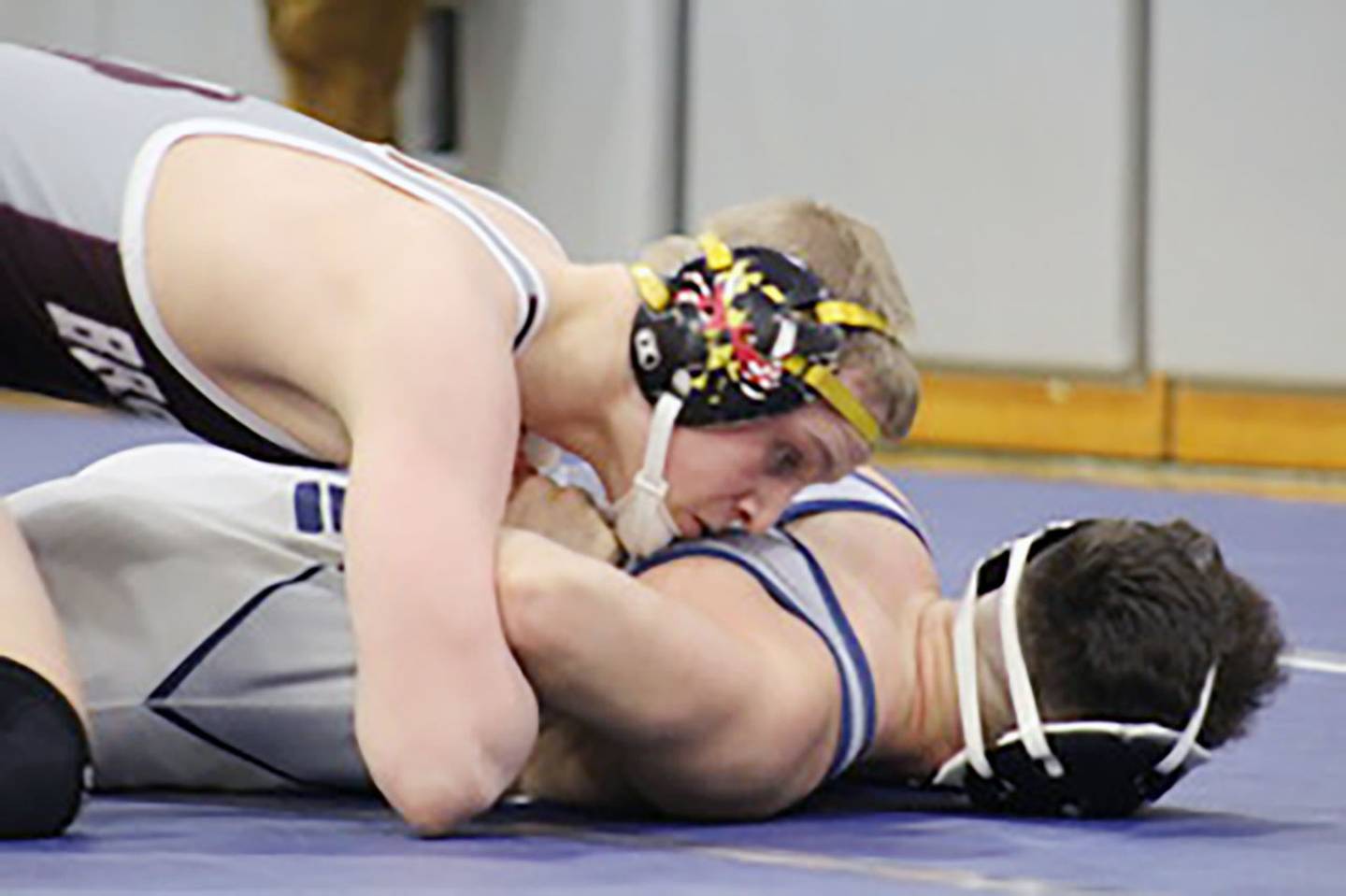 Broadneck's 160-pound Liam DeBaugh (top) earned the Anne Arundel County title with a 5-3 decision over junior Jacob Speed (bottom) of Crofton on Saturday. DeBaugh was among two champions for the host and tournament champion Bruins.