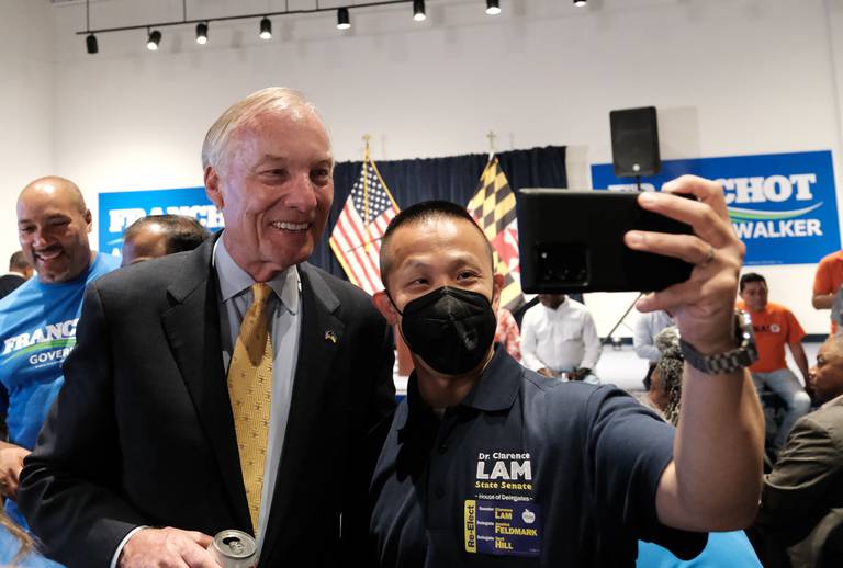 Maryland gubernatorial candidate Peter Franchot poses for photos with supporters during a primary night watch party on July 19, 2022 in Bowie, Maryland. Peter Franchot is competing against Wes Moore and Tom Perez in the Democratic primary for governor.