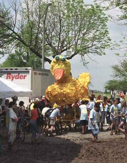 Daley the Duck is pushed through the mud pit. (photo courtesy of Ian Macdonald via the KSR, May 2003)