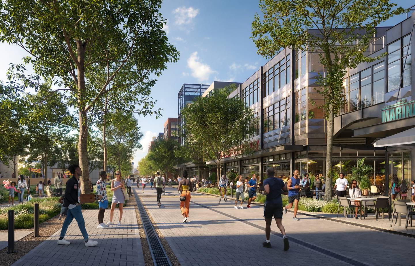 Digital rendering shows hypothetical view of new development, with people walking, running and sitting on wide sidewalk next to new glass building.