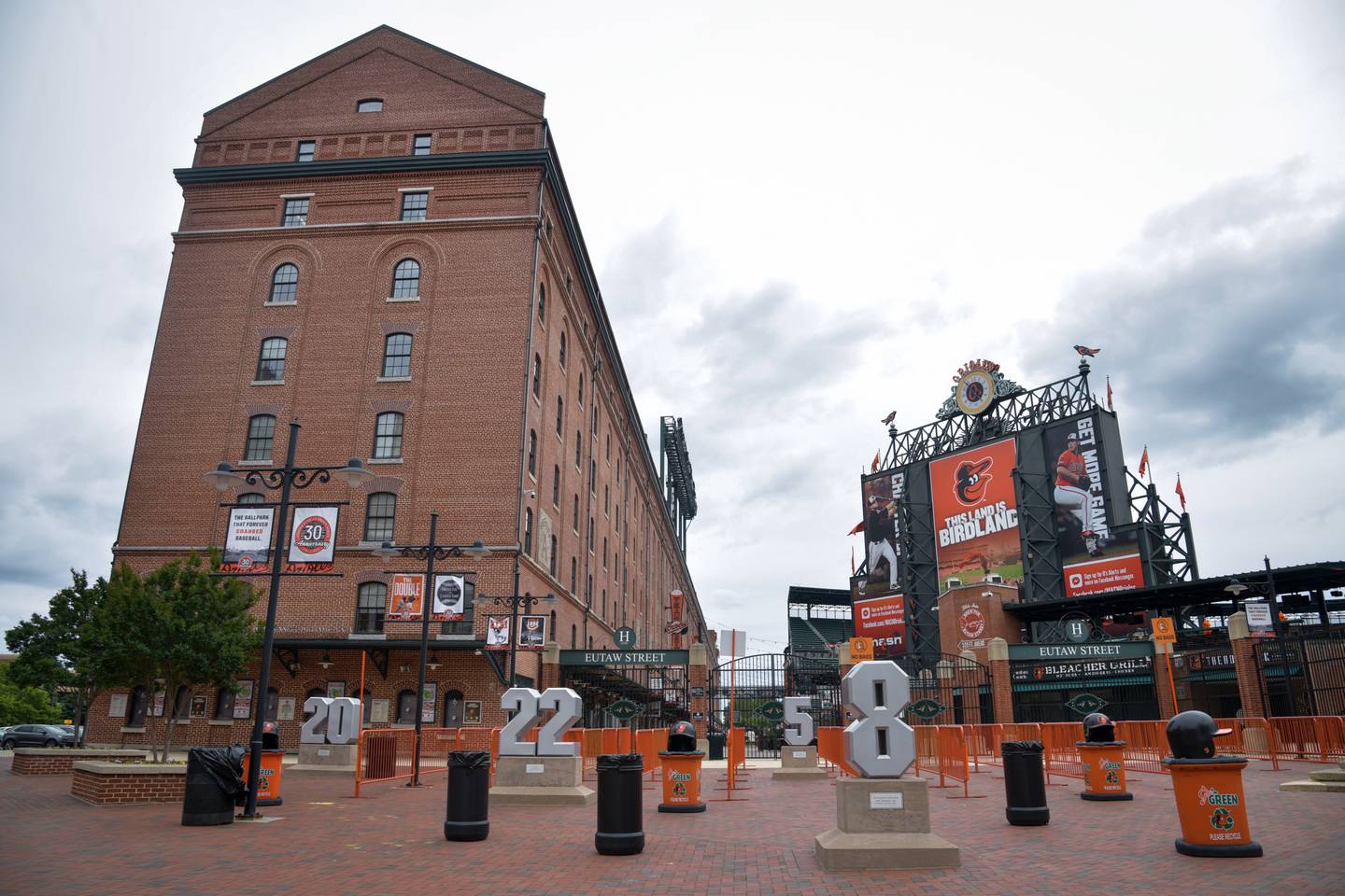 The Warehouse and Eutaw Street outside of Oriole Park at Camden Yards in South Baltimore.