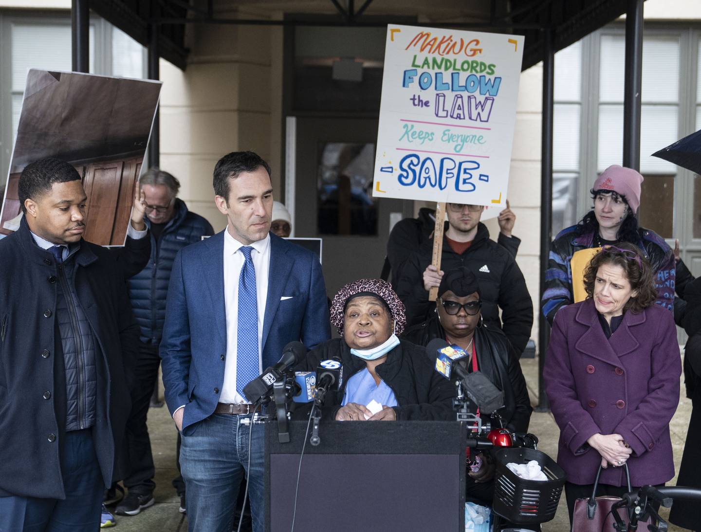 Elaine Nichols speaks alongside a coalition of renters demanding strengthened accountability for the City’s most frequently cited and hazardous multi-family dwellings, in Baltimore, Monday, February 27, 2023.