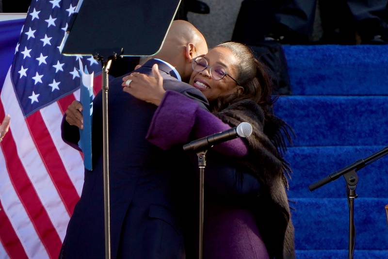 Oprah Winfrey hours Gov. Wes Moore after she introduced the governor during his inauguration as the First African-American governor for the State of Maryland, at the Maryland State House, in Annapolis, MD, Wednesday, January 18, 2023.