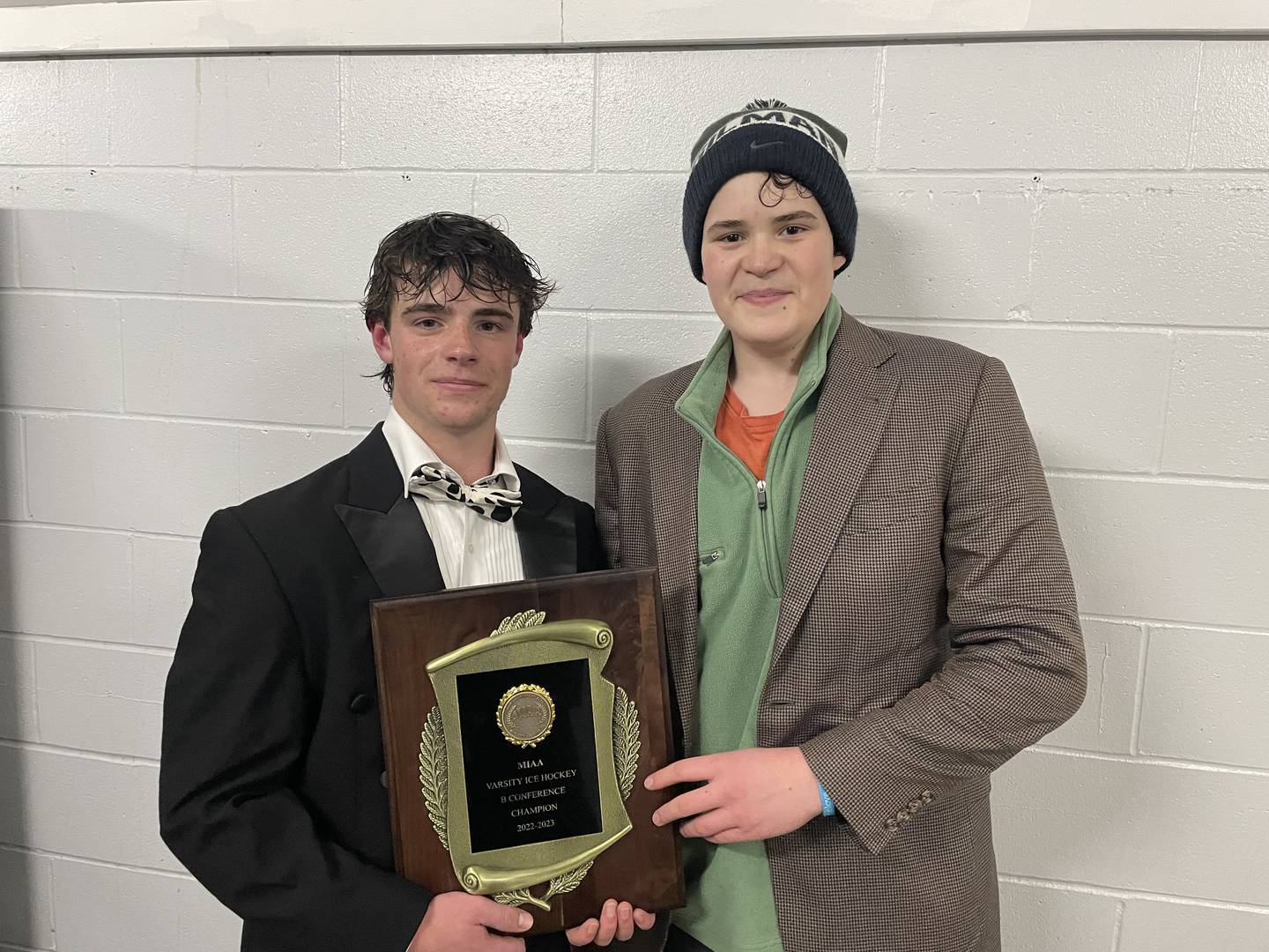 Behind the efforts of Oscar Woloson (left) and Simeon Schlagger, Gilman claimed the MIAA B Conference hockey championship Thursday. The Greyhounds defeated St. Paul's, 6-4, at The Gardens Ice House in Laurel.