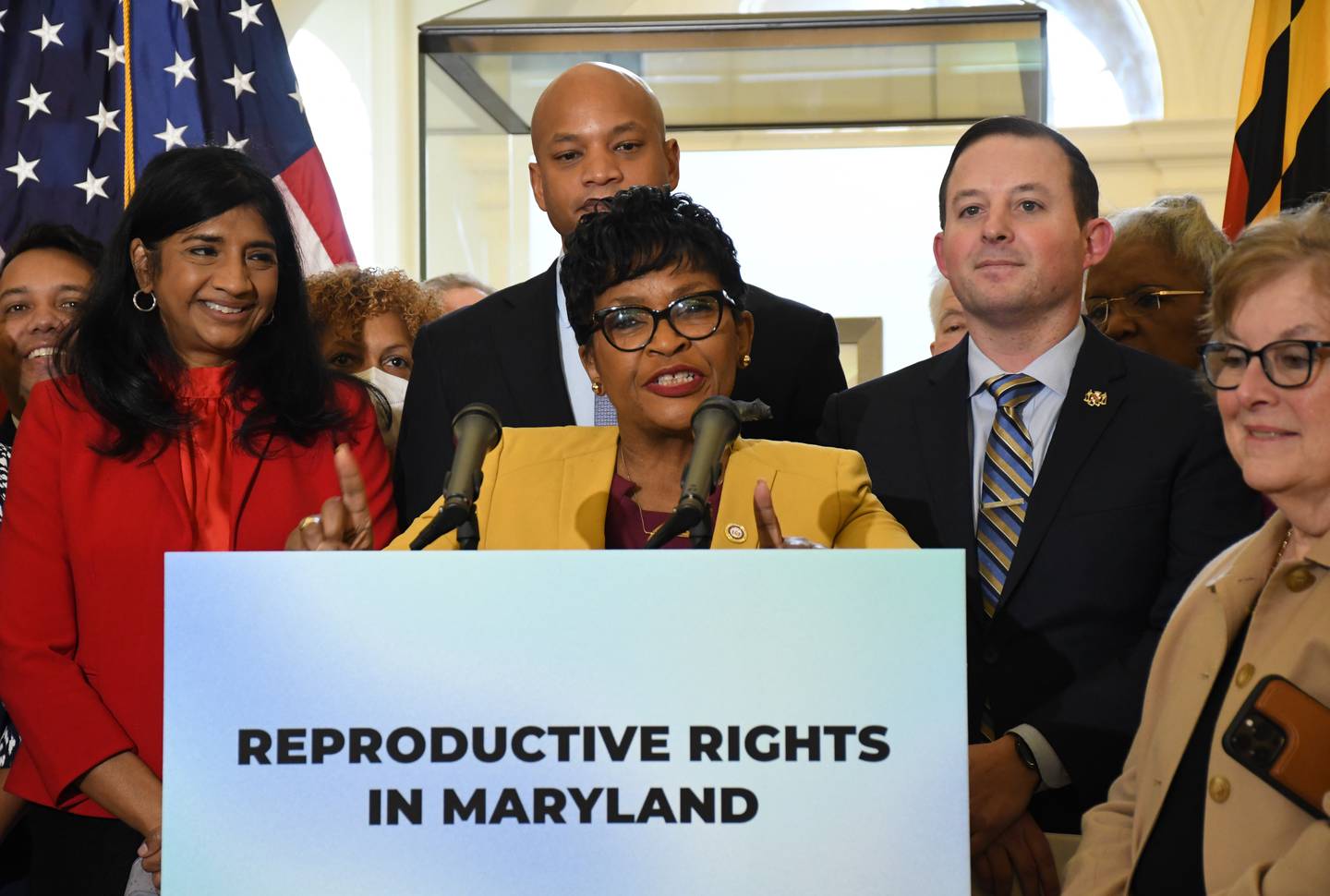 Maryland House of Delegates Speaker Adrienne A. Jones discusses her proposal to put the right to reproductive choice -- including abortion -- into the state constitution, during a press conference at the State House in Annapolis on Thursday, Feb. 9, 2023. She's joined by other political leaders including Lt. Gov. Aruna Miller, Gov. Wes Moore and Senate President Bill Ferguson.