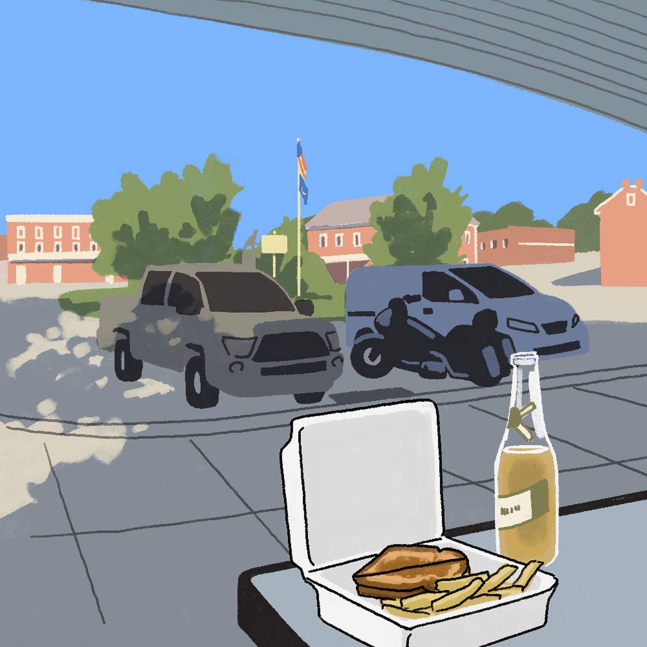 Illustration of grilled cheese sandwich and fries in a take out container next to a beer on a table in the foreground. In the background are parked cars and a motorcycle next to the sidewalk, with a grassy circle and red brick buildings in the background.