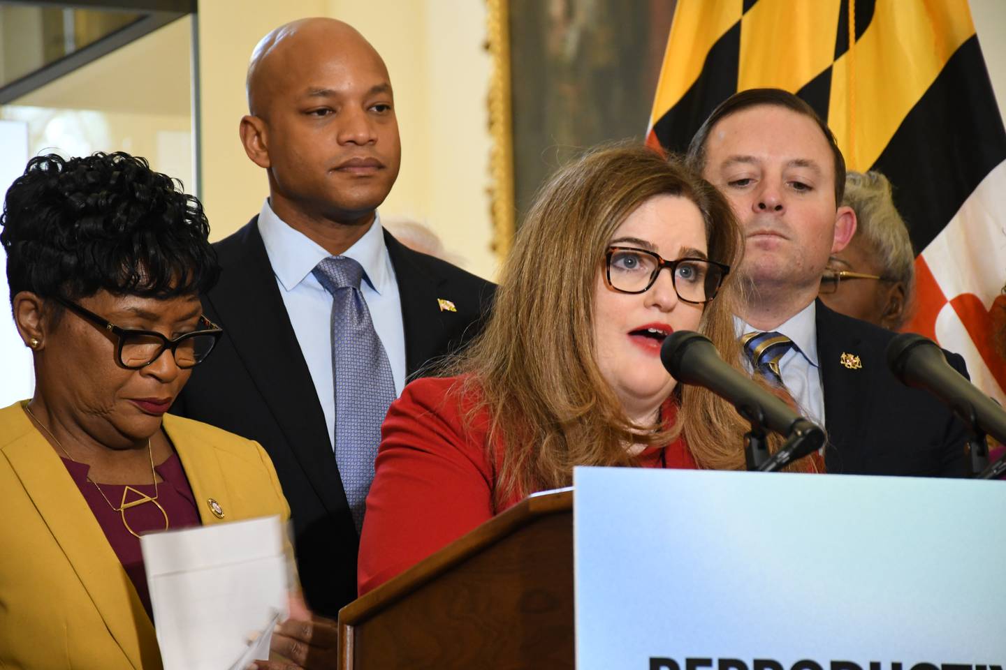 Del. Ariana Kelly talks about proposals to protect access to abortion during a press conference at the State House in Annapolis on Thursday, Feb. 9, 2023. She's joined by other leaders including House of Delegates Speaker Adrienne A. Jones, Gov. Wes Moore and Senate President Bill Ferguson.