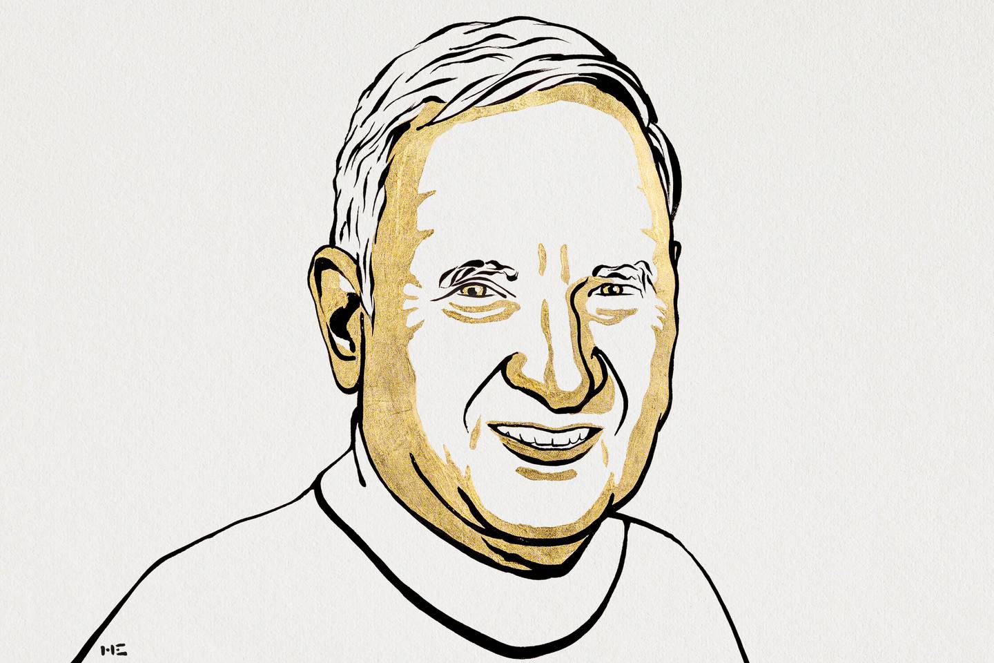 An illustration of John Clauser, one of the Nobel Prize in Physics winners for 2022. The illustration in black and gold on a white background shows a smiling white man with a crew neck shirt.
