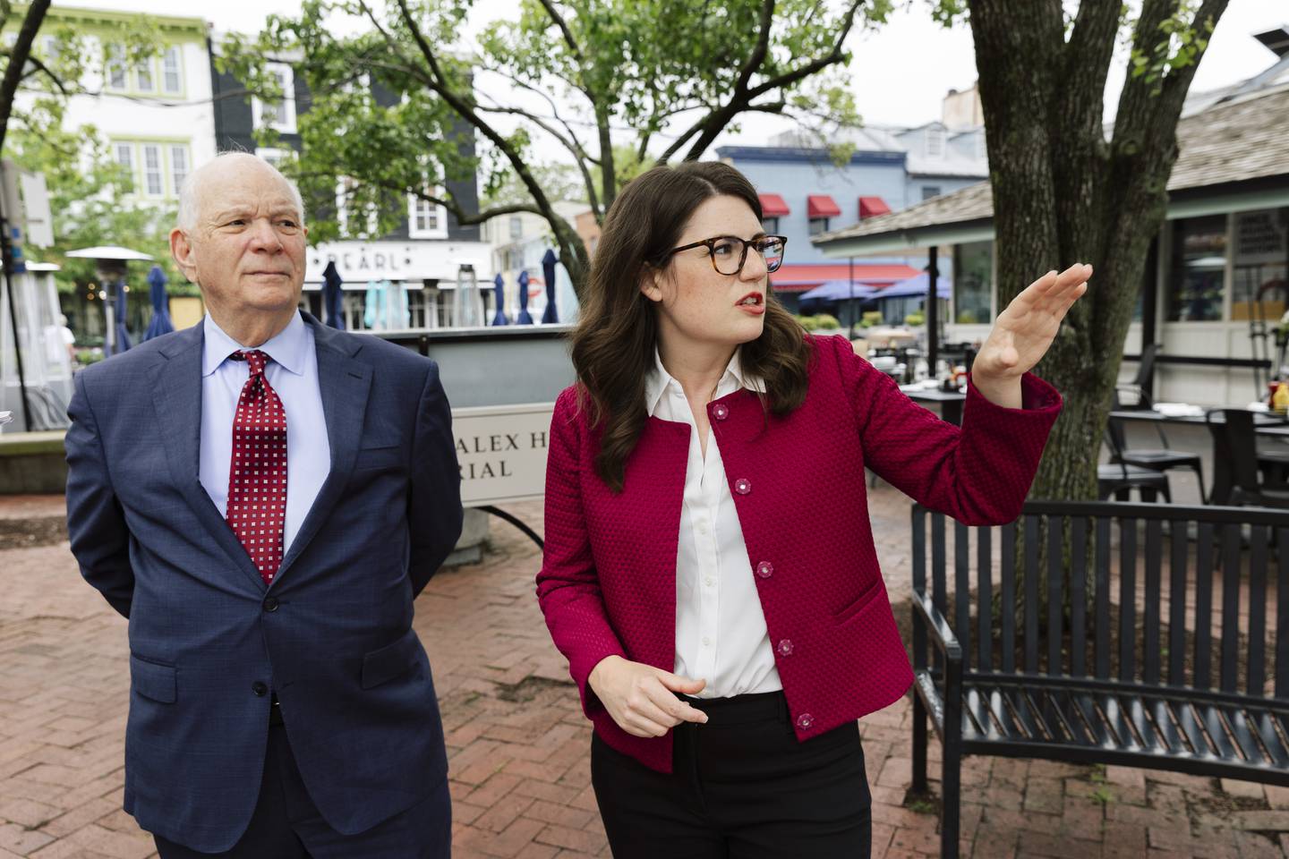 U.S. Sen. Ben Cardin (D-Md.) and state Sen. Sarah Elfreth (D-Anne Arundel) speak about flood risks to the waterfront area outside of the Annapolis Market House on Monday, May 6, 2024 in Annapolis.