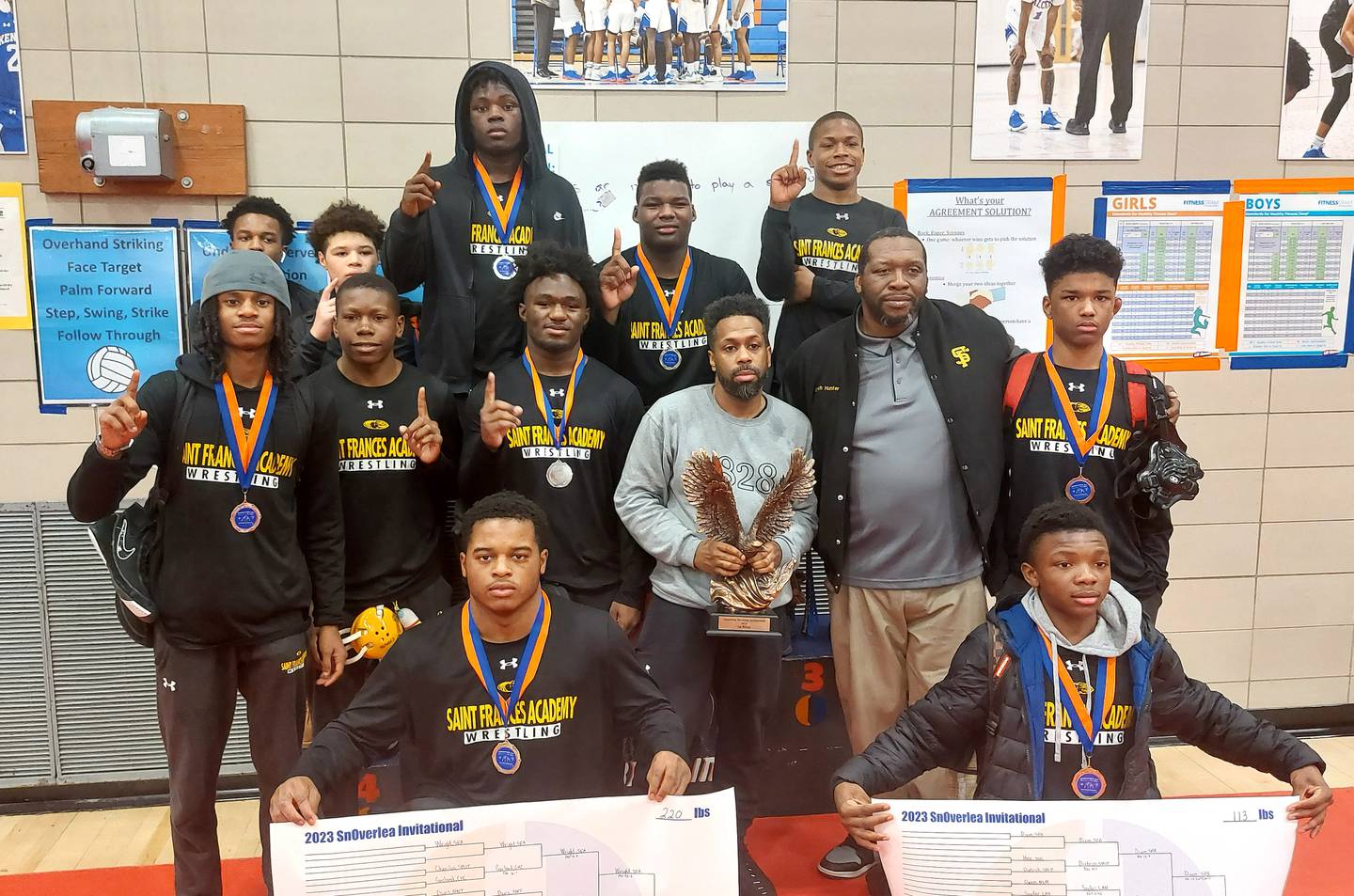 The St. Frances wrestling team celebrates its team championship at the SnOverlea Invitational this weekend.