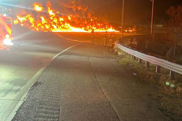 Fiery tanker crash shuts down I-795 in Pikesville, driver injured
