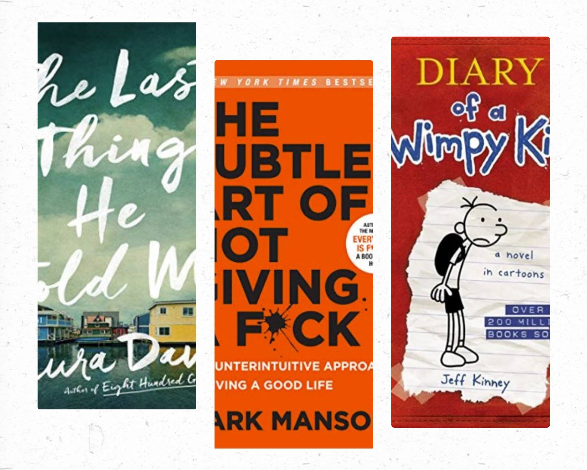The top three best read books at the Anne Arundel County Public Library were, from left, "The Last Thing He Told Me," "The Subtle Art of Not Giving a F*ck," and "Diary of a Wimpy Kid."
