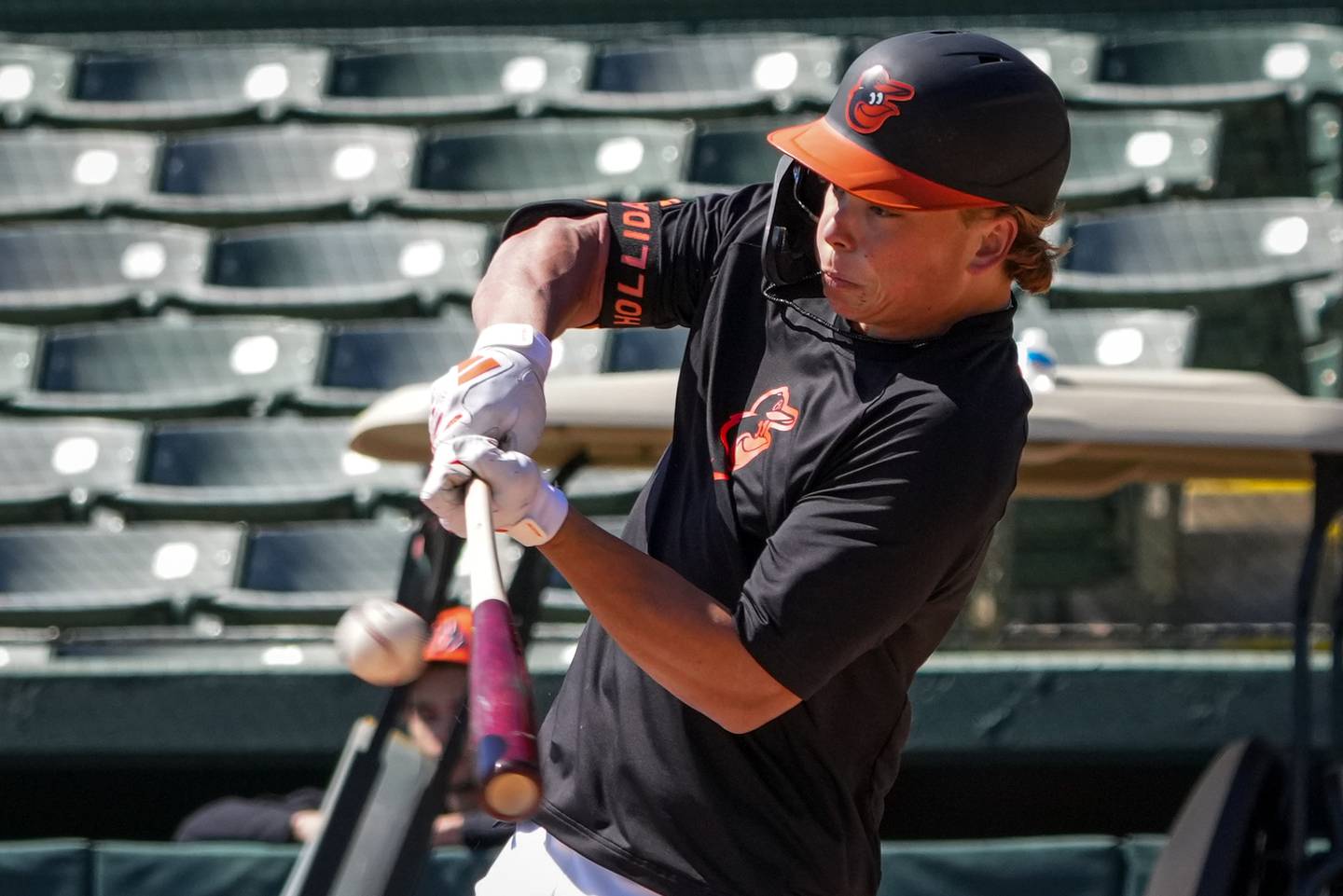 Baltimore Orioles prospect Jackson Holliday takes his at-bat during the team’s spring training practice at Ed Smith Stadium on February 20, 2024.