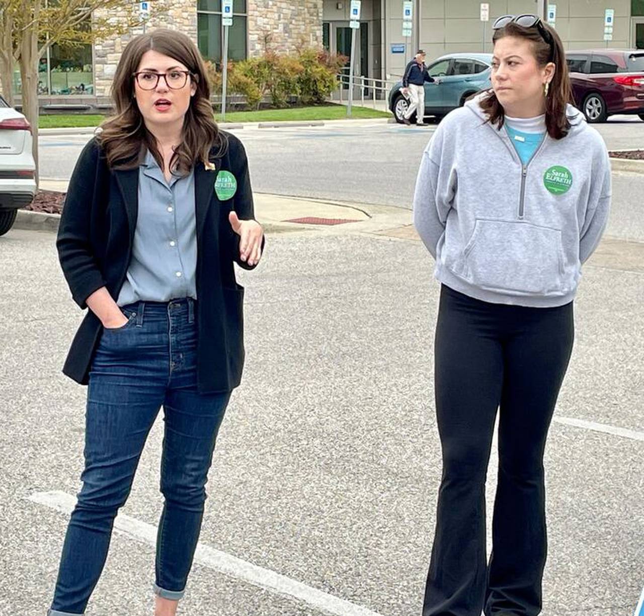 State Sen. Sarah Elfreth with campaign fellow Kyra Mahoney thanks a team of volunteers before they canvass neighborhoods in Howard County for Elfreth's congressional run on April 27, 2024.