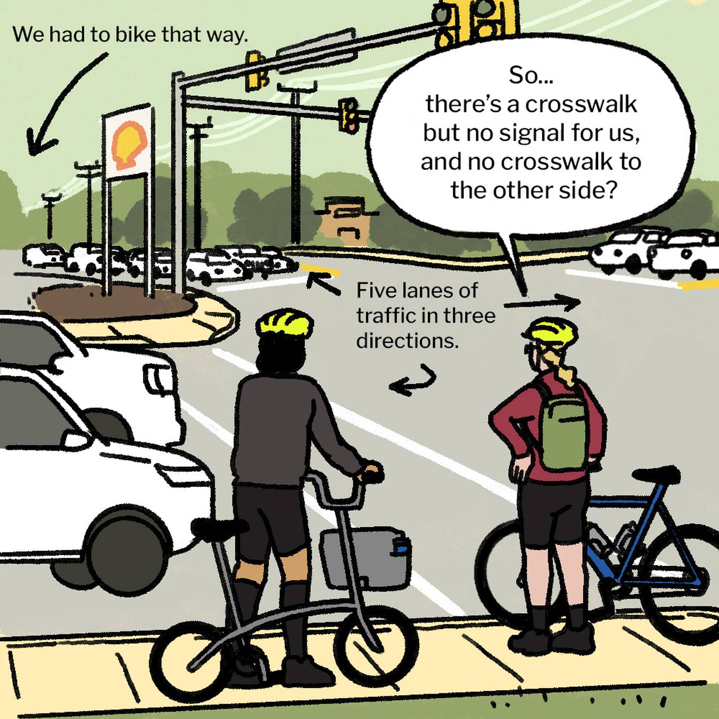 Illustration of man and woman with bikes standing on sidewalk next to car-filled intersection of two five-lane streets next to a gas station and a strip mall. The woman says "So... there's a crosswalk but no signal for us, and no crosswalk to the other side?"