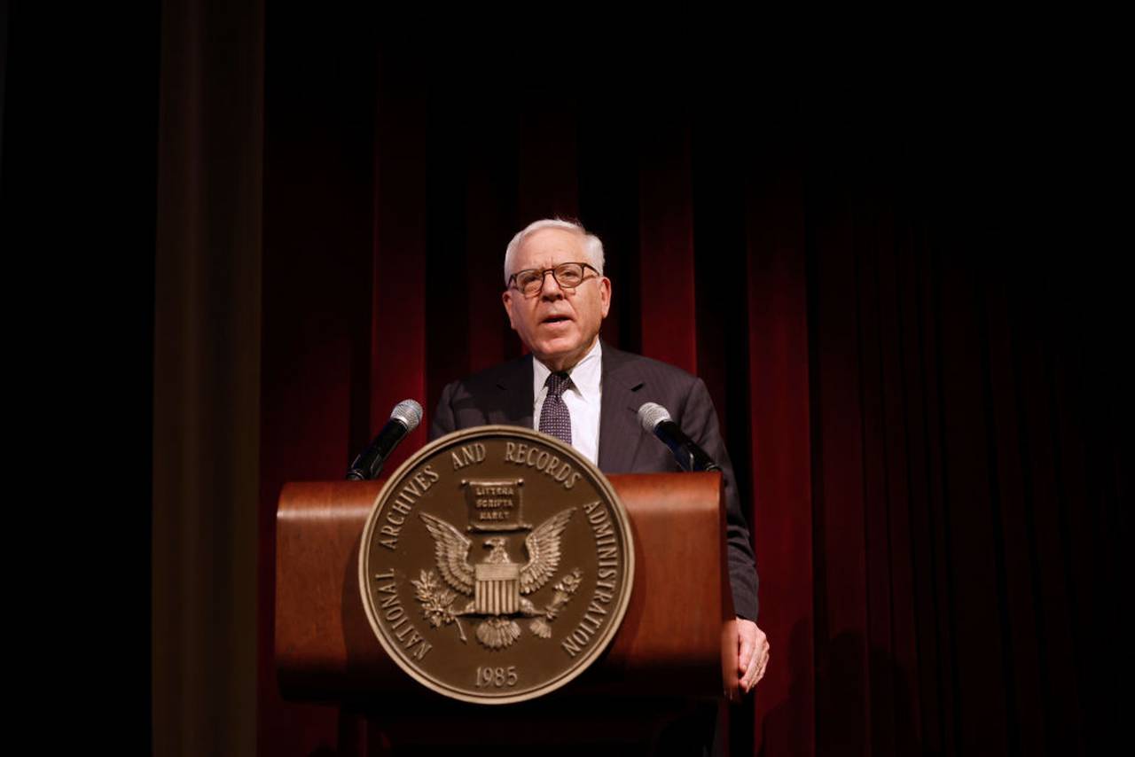 WASHINGTON, DC - DECEMBER 04: David M. Rubenstein speaks on stage during National Archives Foundation Records of Achievement Award Ceremony and Gala 2023 at National Archives Museum on December 04, 2023 in Washington, DC. (Photo by Tasos Katopodis/Getty Images for National Archives Foundation)