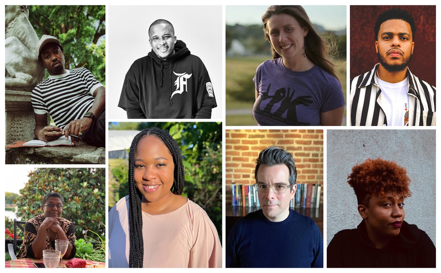 A composite image shows eight artists and writers participating in the "Creatives in Residence" program.