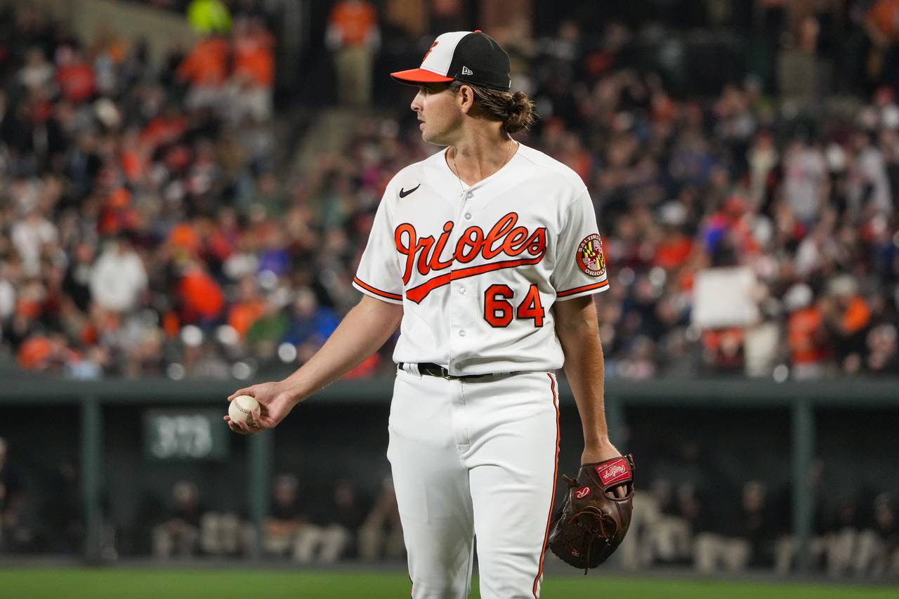 Baltimore Orioles starting pitcher Dean Kremer (64) returns to the dugout after pitching during a baseball game against the Boston Rex Sox on Thursday, September 28, 2023.