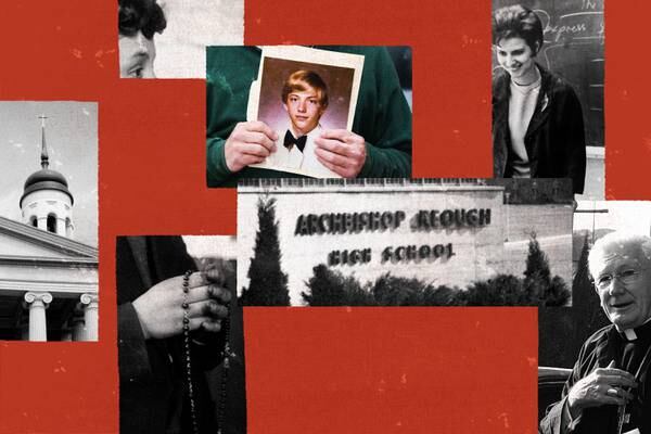 Photo collage of a tower of the Baltimore Basilica, boy holding rosary, man holding photo of teen boy from 70s, Archbishop Keogh High School sign, Sister Catherine Cesnik, and Archbishop William H. Keeler.