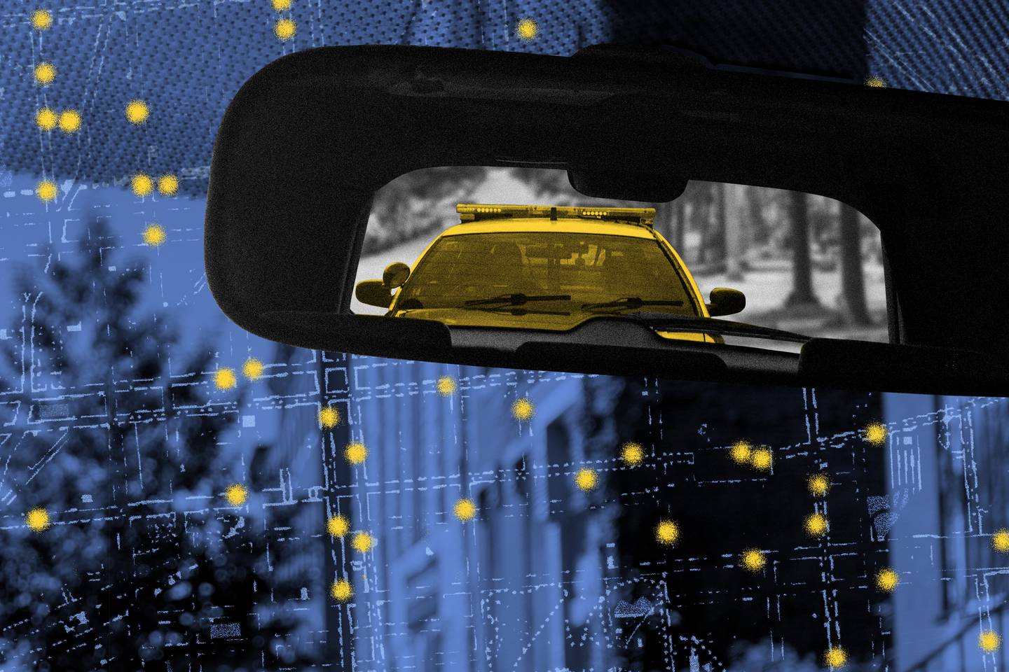 Photo collage showing reflection of police car in a rear view mirror set against a background showing Baltimore row homes, street map and yellow dots scattered on the map.
