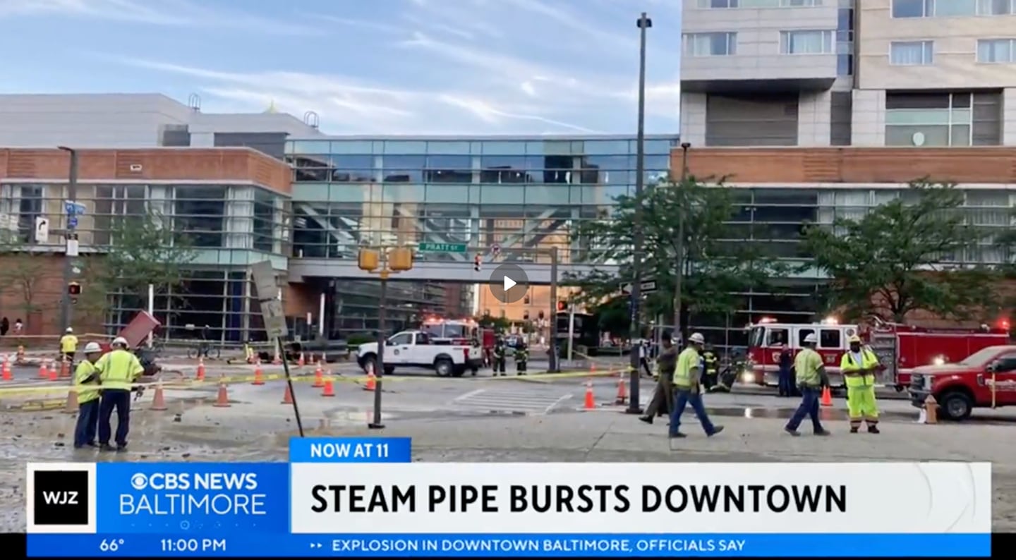 A steam pipe burst downtown, injuring three workers.