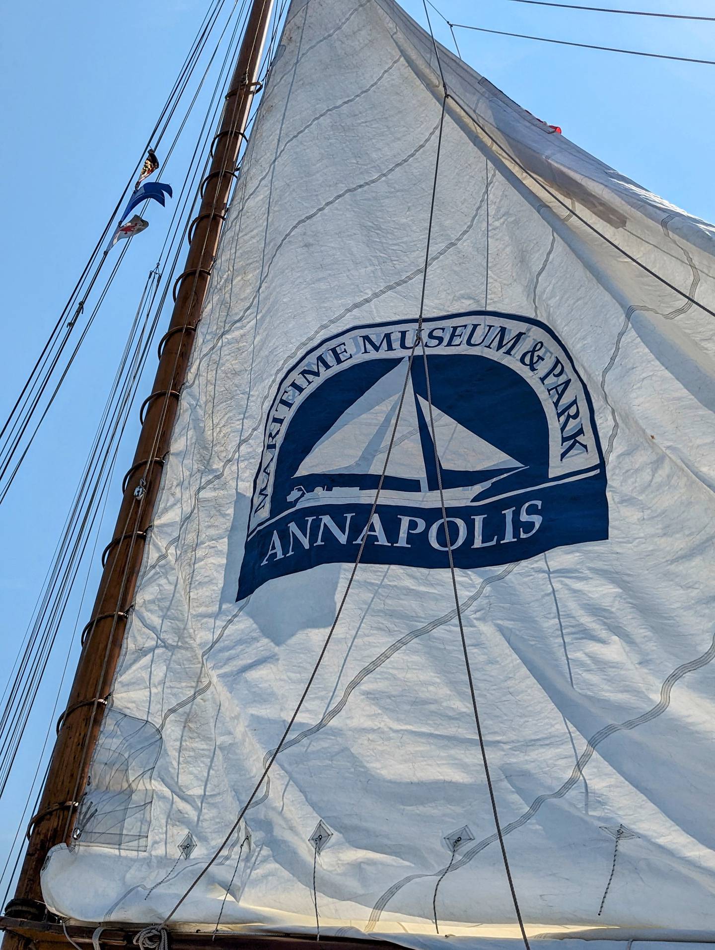 The Annapolis Maritime Museum & Park logo adorns the mainsail of the Wilma Lee, an 83-year-old skipjack.