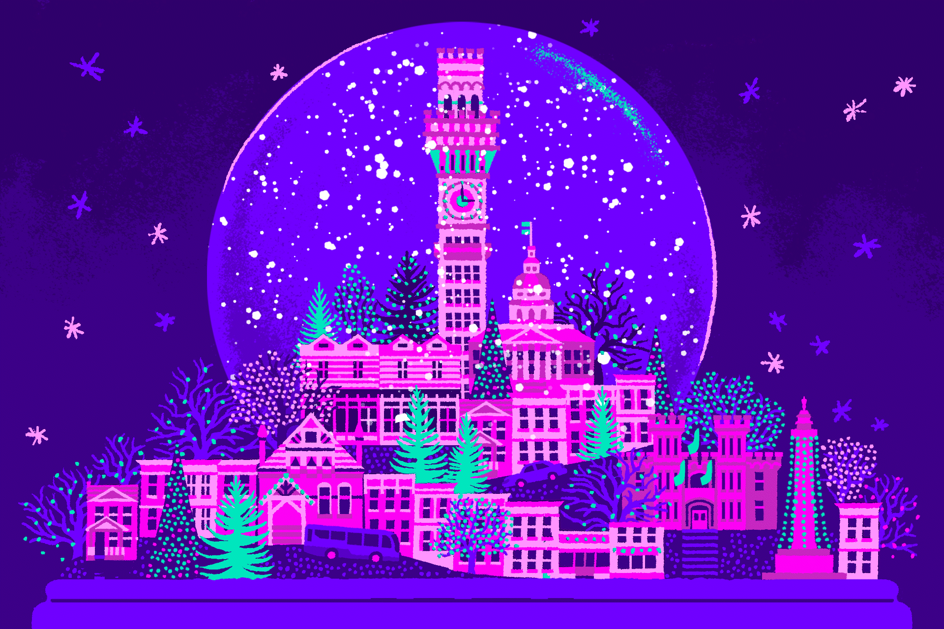 The Baltimore Banner gift guide illustration. A hand-drawn illustration of a city in a snow globe with falling snow.