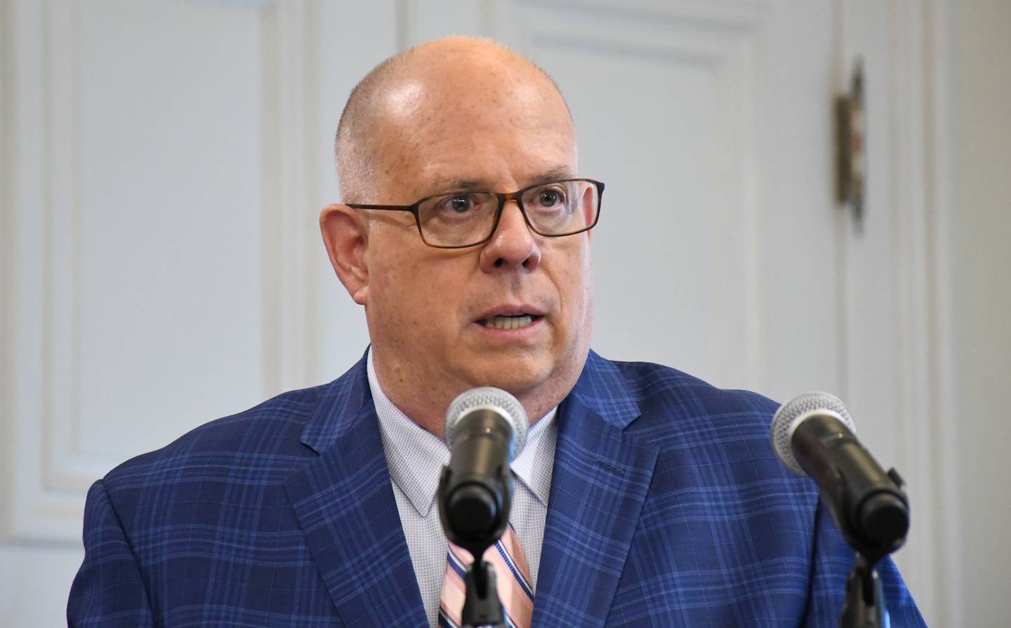 Maryland Gov. Larry Hogan, a Republican, speaks at a bill-signing event in the Governor's Reception Room at the State House in Annapolis on March 18, 2022.