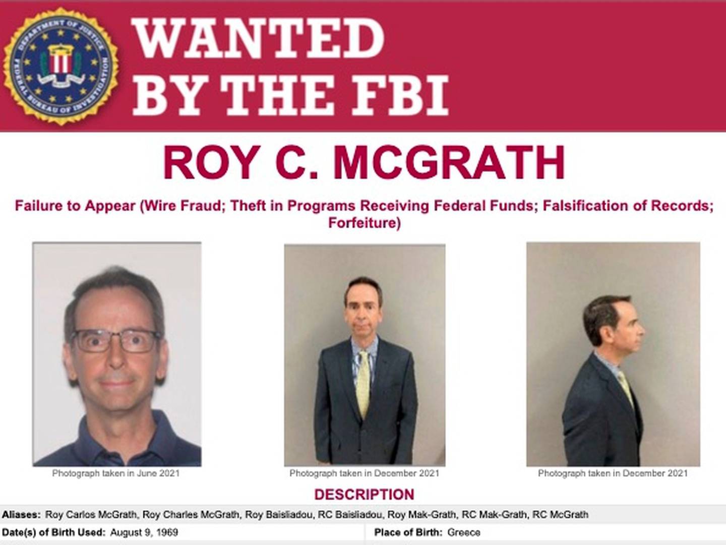 Roy McGrath FBI wanted poster.
