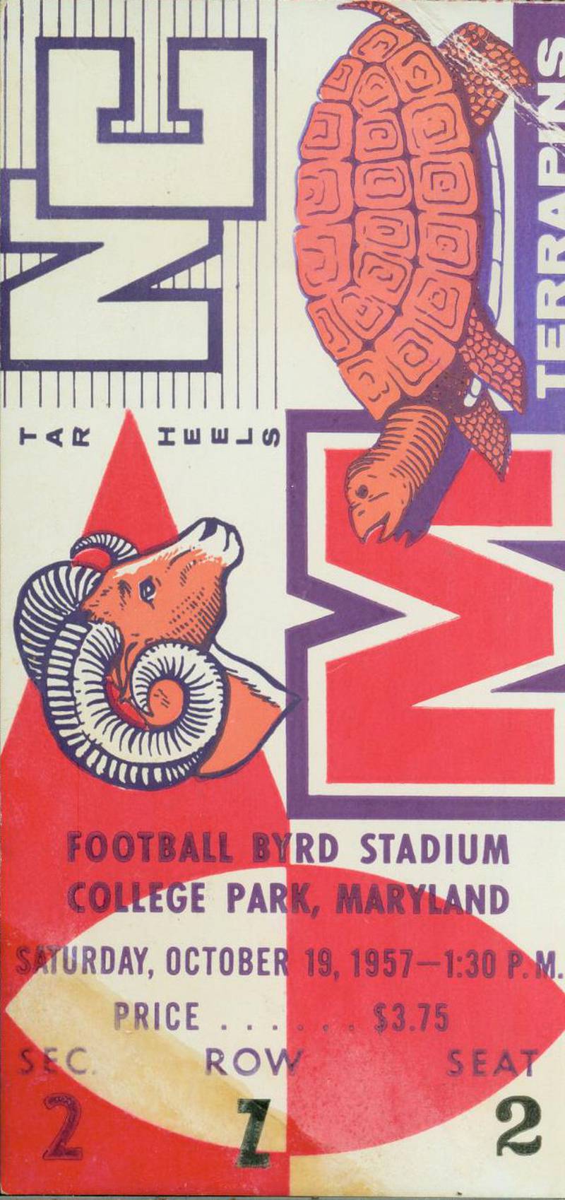 Queen Elizabeth's ticket stub to the University of Maryland versus University of North Carolina football game, October 19, 1957. Courtesy of University of Maryland Archives.