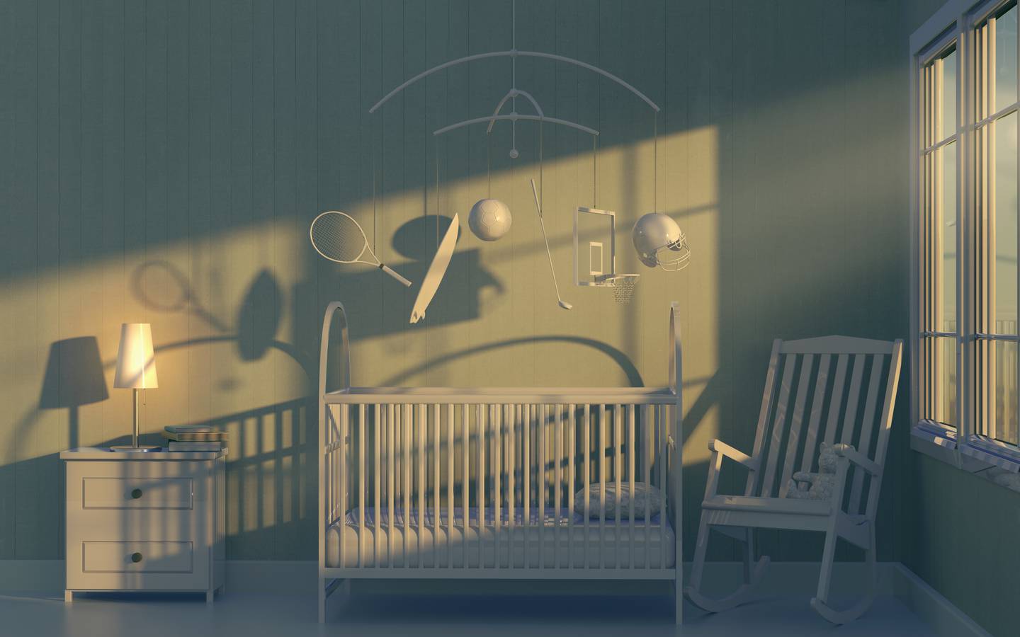 Baby room with mobile made up of sporting equipment over cot