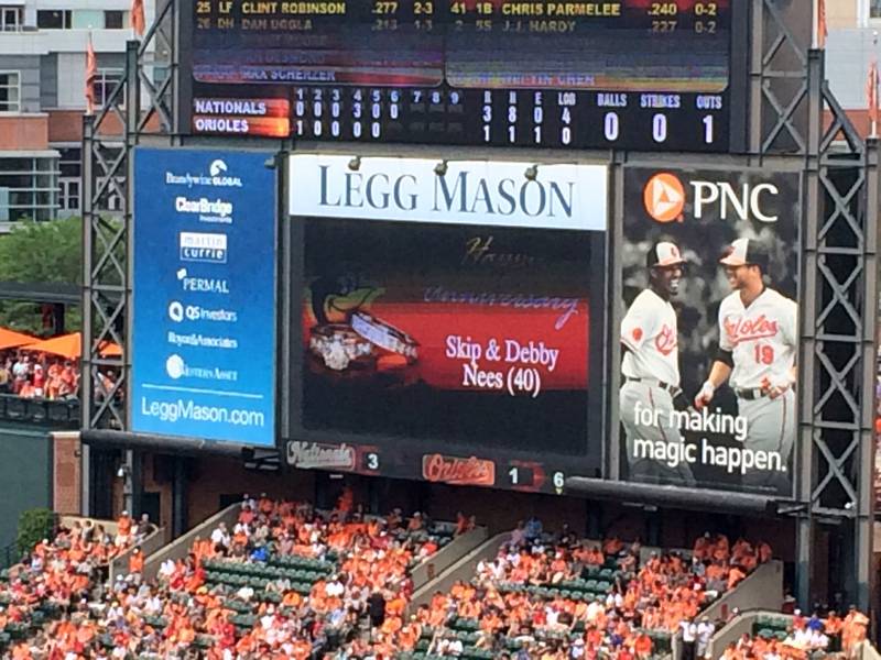 The Orioles scoreboard commemorates Skip and Debby Nees’ 40th wedding anniversary on 7/12/15.