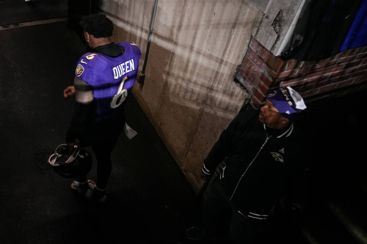 Baltimore Ravens linebacker Patrick Queen (6) walks into the team locker room after losing the AFC Championship game against the Kansas City Chiefs at M&T Bank Stadium on January 28, 2024. The Chiefs beat the Ravens, 17-10, to advance to the Super Bowl.