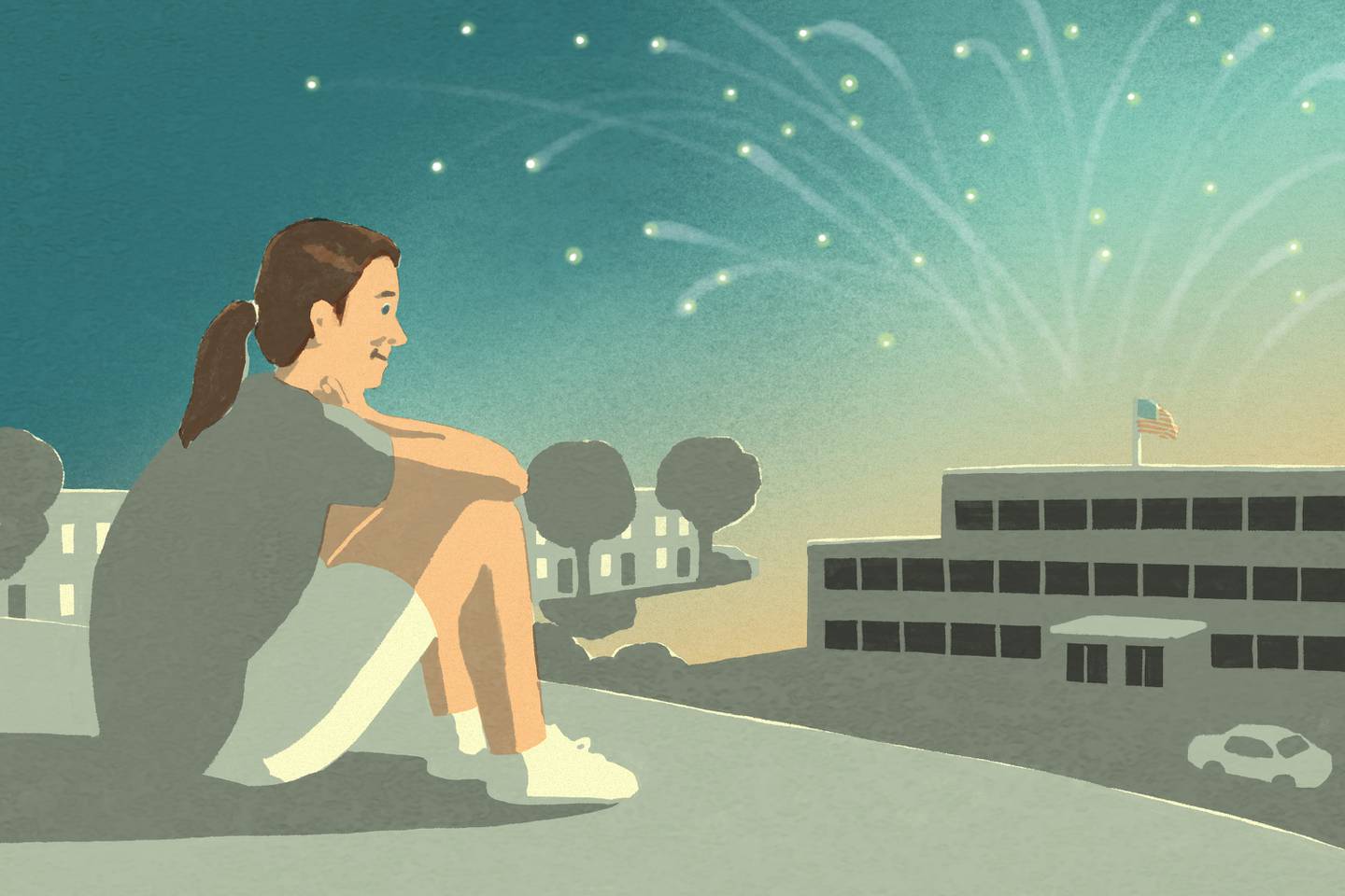 Illustration of white woman, on left side of composition, sitting on hill at dawn overlooking school building with American flag and row houses, stars radiating outward from the school.