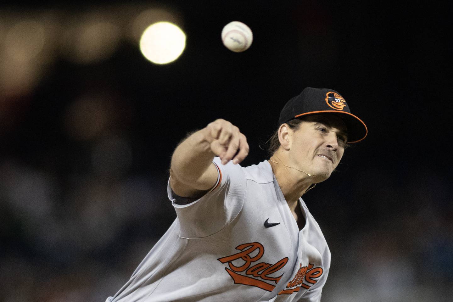 Baltimore Orioles starting pitcher Dean Kremer (64) throws a pitch in the fifth inning during a regular season game at Nationals Park in Washington, D.C., on Tuesday, April 18, 2023.