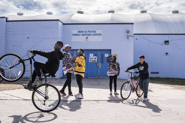 Michael Washington, Taavon Griffin, Donteze Branch, Reggie Gornish, and Yoni Portillo, all socialize outside of  Mimi DiPietro Family Skating Center after a game, in Baltimore, February 19, 2023.