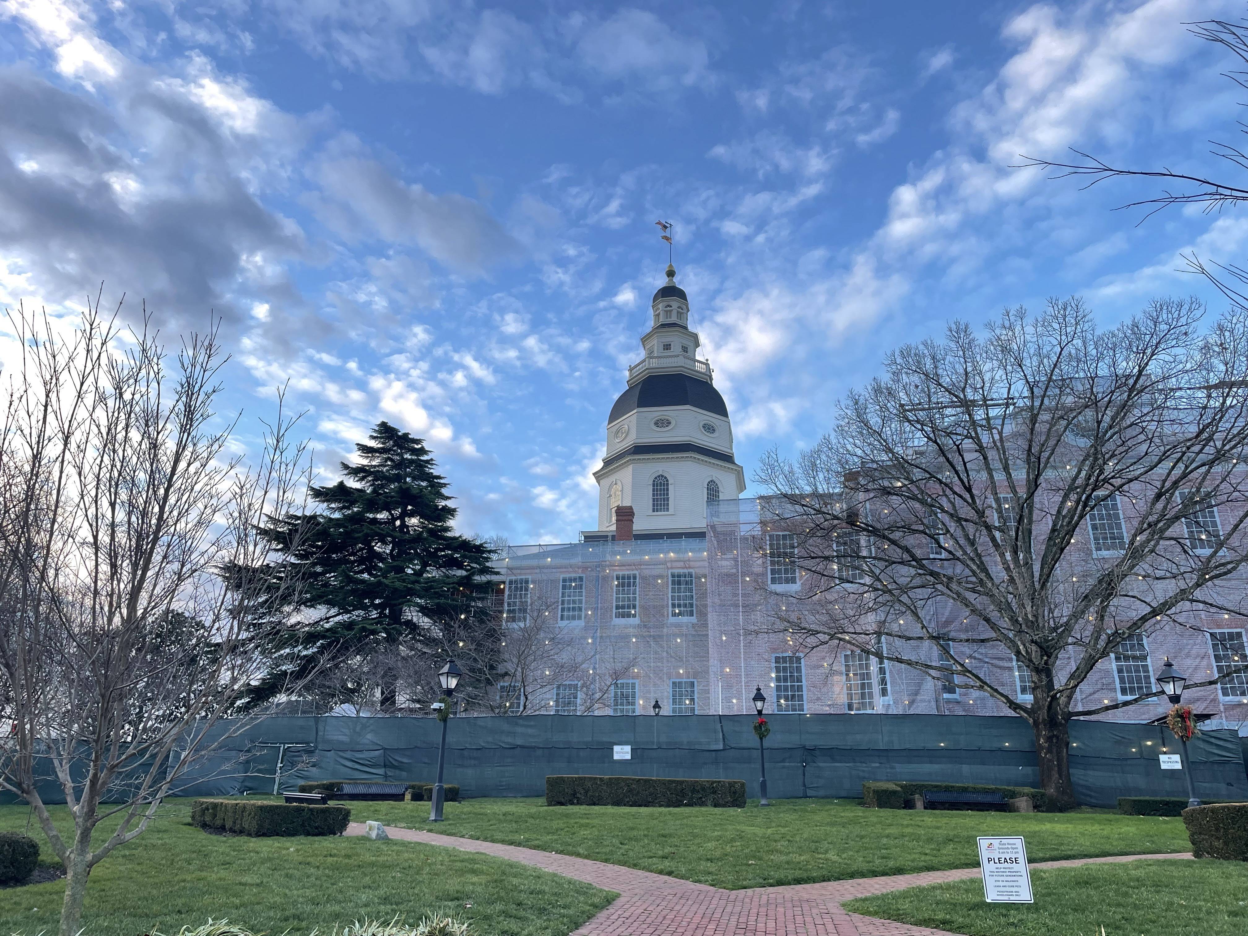 The Maryland State House is encircled by construction scaffolding for an ongoing renovation project, as lawmakers returned to Annapolis for the first day of their 90-day General Assembly session on Wednesday, Jan. 10, 2024.